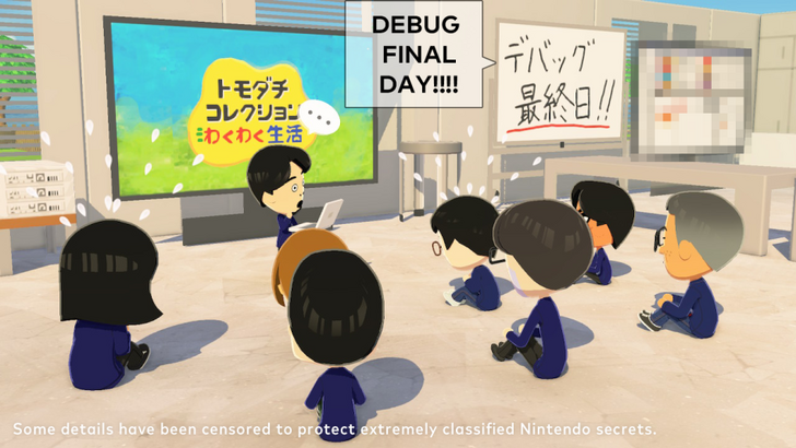 Tomodachi Life: Living the Dream Miis gathered around talking about game development