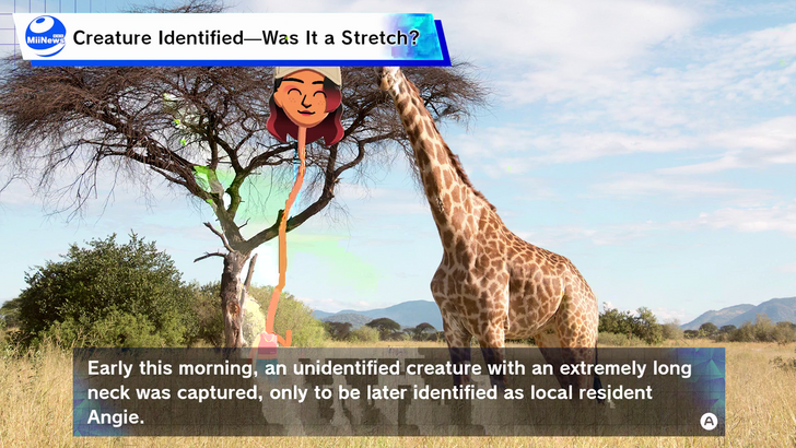 Tomodachi Life: Living the Dream Mii head stuck into a picture of a giraffe shown in a news program