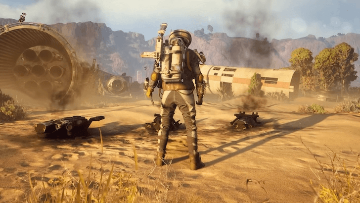 Raider standing in a desert crash site