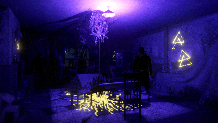 Phasmophobia x Alan Wake 2 creepy room with dim blue lighting and gold markings
