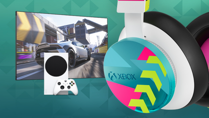 Forza Horizon 6 Limited Edition white and transparent cyan blue headset with pink and green accents close-up