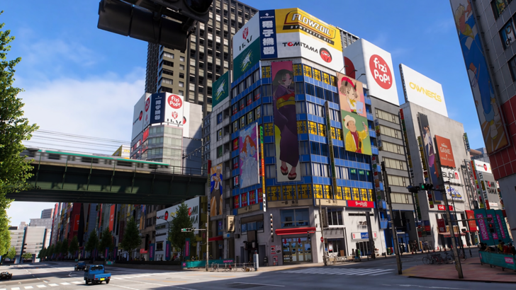Forza Horizon 6 Busy urban district with billboards, high rise buildings, and an elevated train