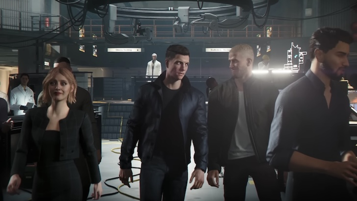 James Bond walking through a high-tech facility with a group of agents
