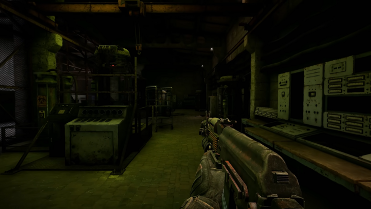 STALKER 2 Heart of Chornobyl Skif wandering around a dark factory with a gun up