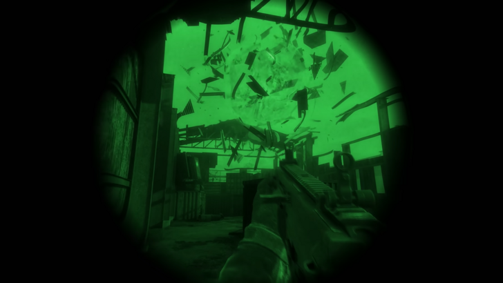 STALKER 2 Heart of Chornobyl Skif using night vision with debris swirling up in the air