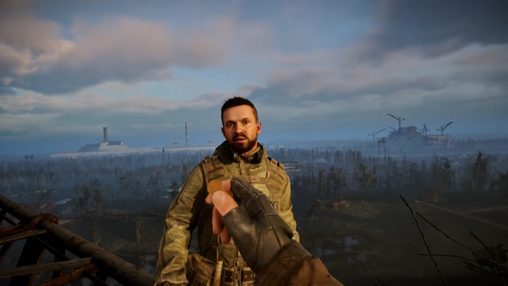 STALKER 2 Heart of Chornobyl character tossing a coin to Skif, landscape of the Zone in the backdrop