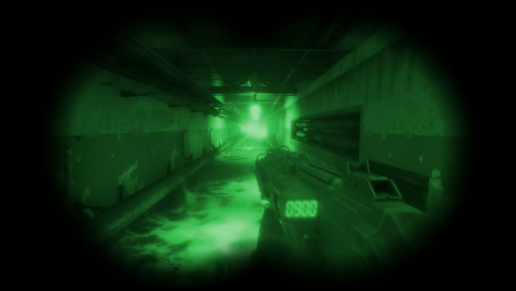 STALKER 2 Heart of Chornobyl Skif walking through a corridor with night vision goggles