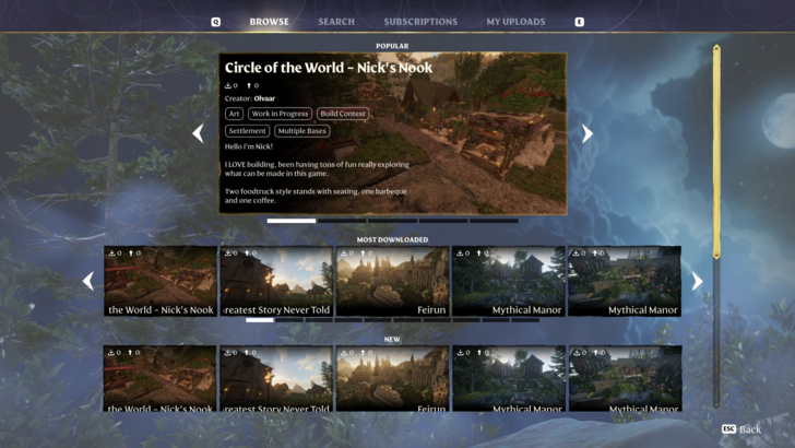 Enshrouded Adventure Sharing browse screen with featured player made world uploads