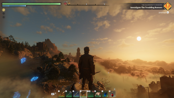 Enshrouded player overlooking a fog covered landscape at sunrise