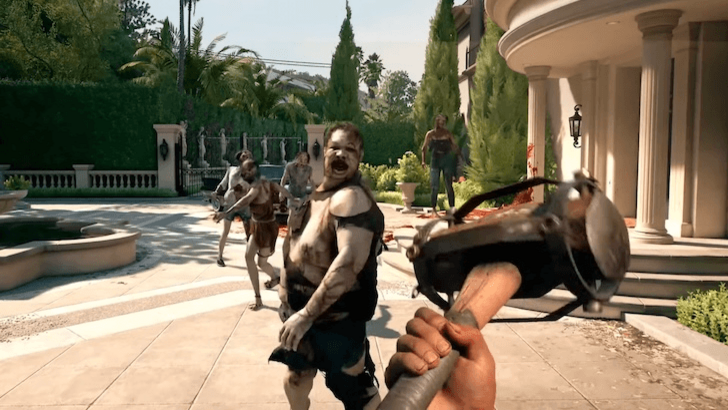 A player swinging a weapon at approaching zombies