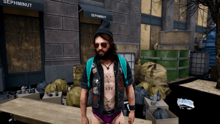 Rikky Rex standing before trash bags and containers