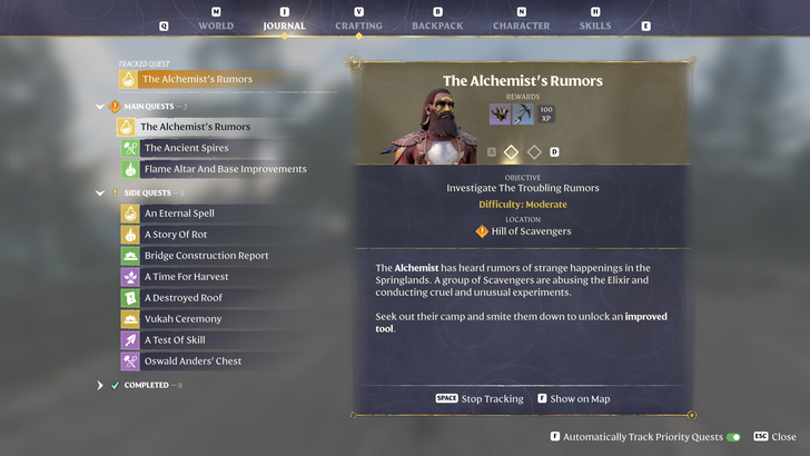 Enshrouded journal screen with The Alchemist’s Rumors quest details
