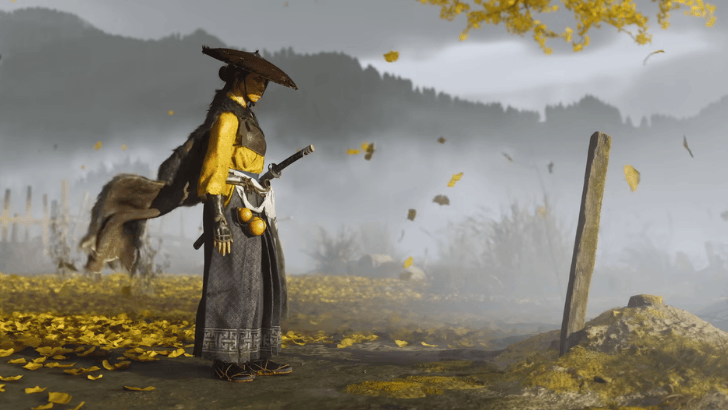 Ghost of Yotei Atsu standing with fallen yellow leaves