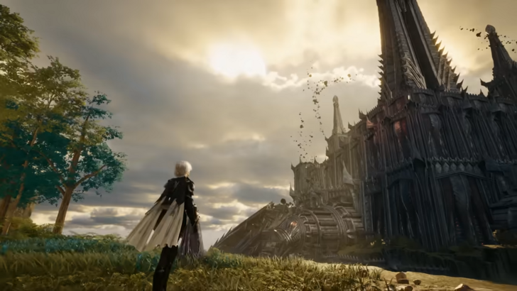 Aion 2 character looking up at a church