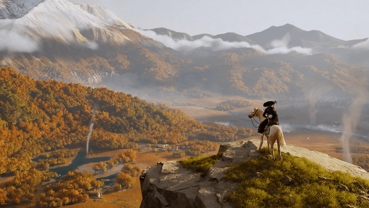 Ghost of Yotei Atsu on her horse looking over a picturesque mountainside in fall