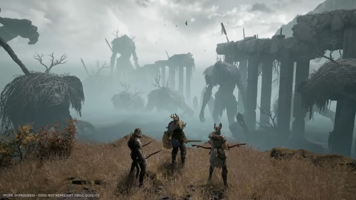 Three Mistfall Hunters Looking Over Cliff Over Huge Monsters
