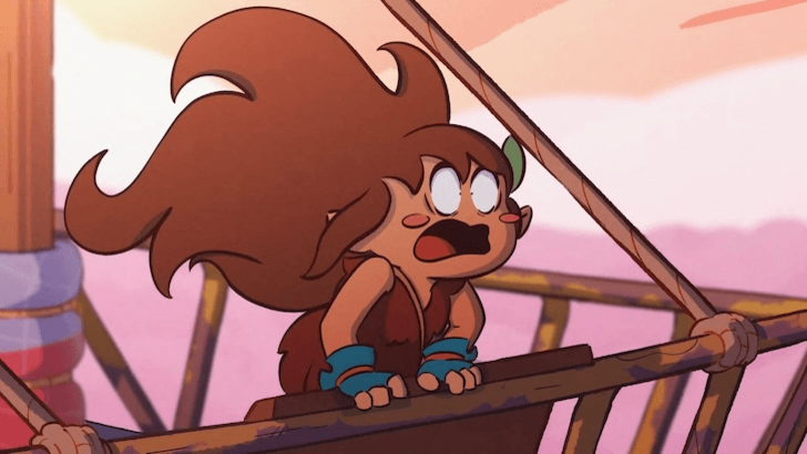girl looking out from ship shocked