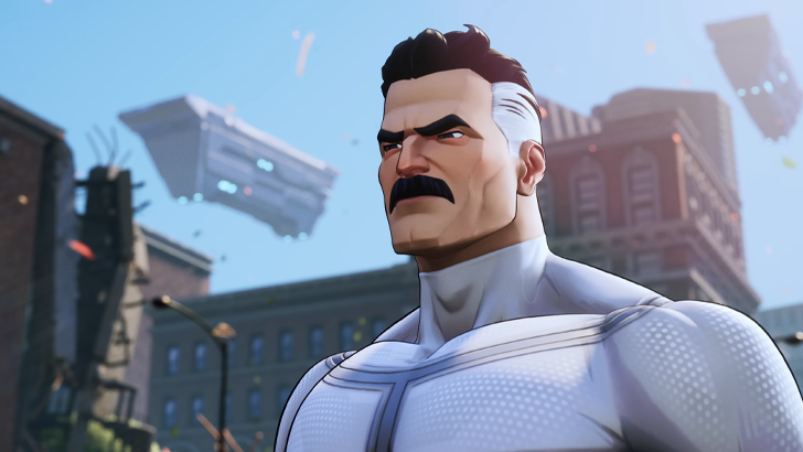 Omni-Man in white suit with spaceships in sky