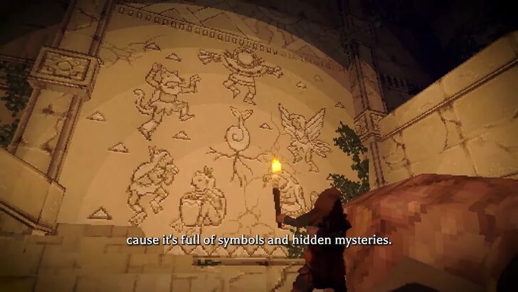 Deep Dish Dungeon Character Looking At Symbols on Wall