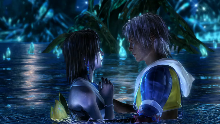 Final Fantasy X Tidus and Yuna embrace in the waters of Lake Macalania