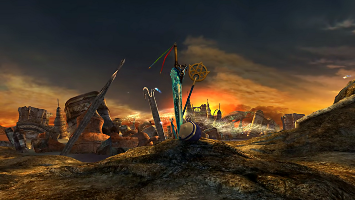 FINAL FANTASY X The weapons of Tidus, Yuna, and their companions are planted in the ruins of Zanarkand at sunset