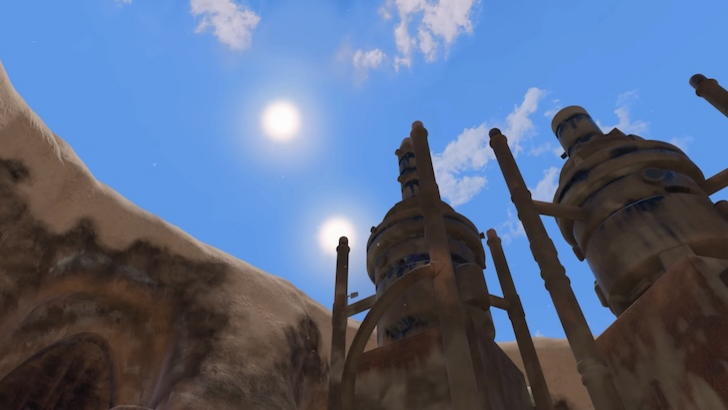 Tatooine structures under a bright sky