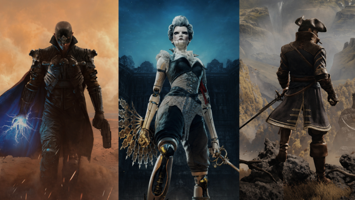 Spiders games collage featuring a masked fighter, a clockwork woman, and a tricorne clad adventurer