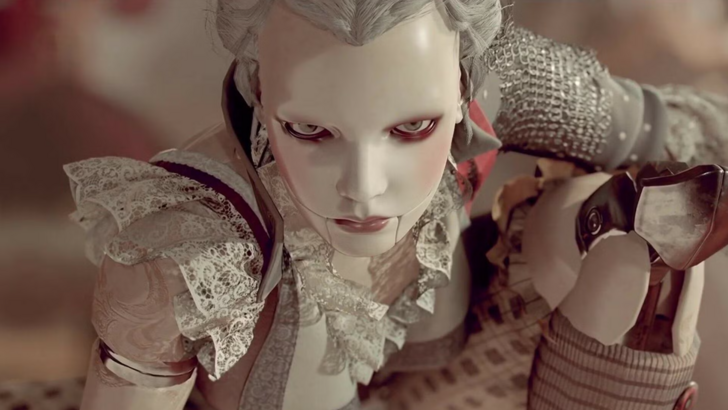Spiders A porcelain faced clockwork woman stares ahead with glowing red eyes