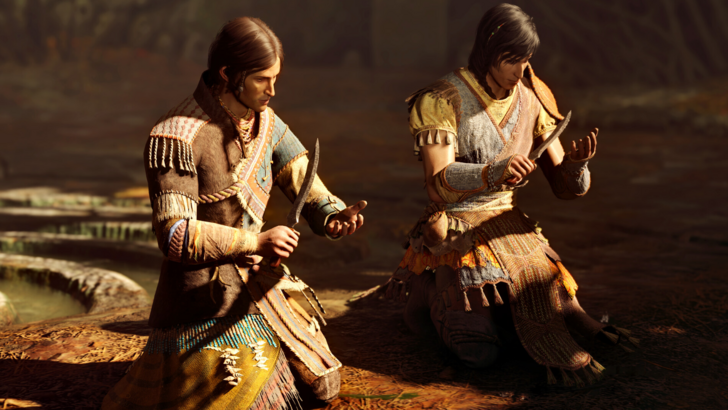 Spiders Two kneeling warriors inspect curved blades