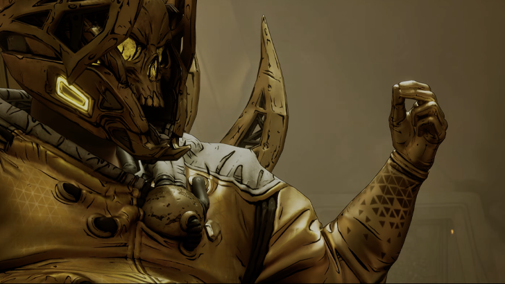 Subjugator looking to the right and holding hand out with thumb touching index and middle finger