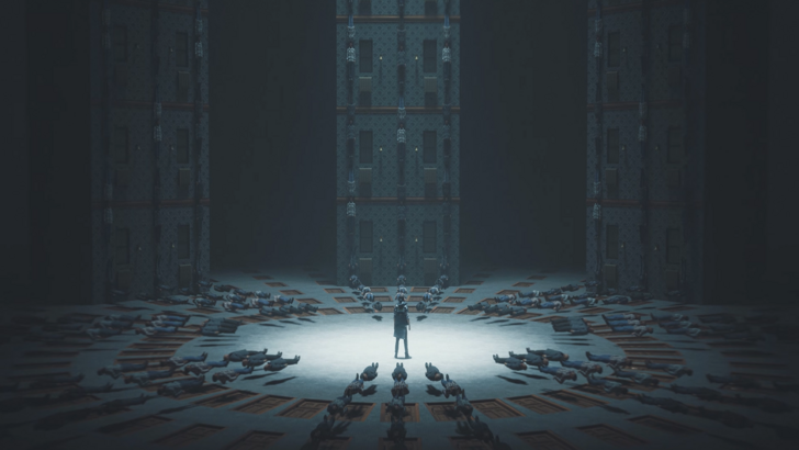 Control Resonant Dylan Faden standing in a vast hall surrounded by bodies