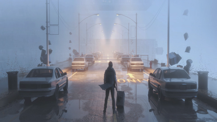 Control Resonant Dylan Faden on a foggy street with abandoned cars and floating debris