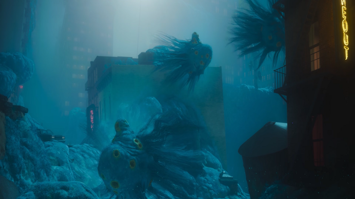 Control Resonant Dark floating creatures drift through a foggy city street