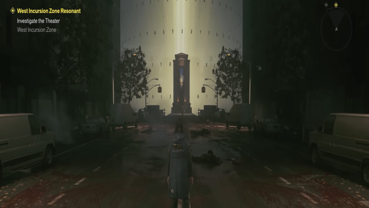 Control Resonant Dylan Faden facing a glowing monument on a dark city street