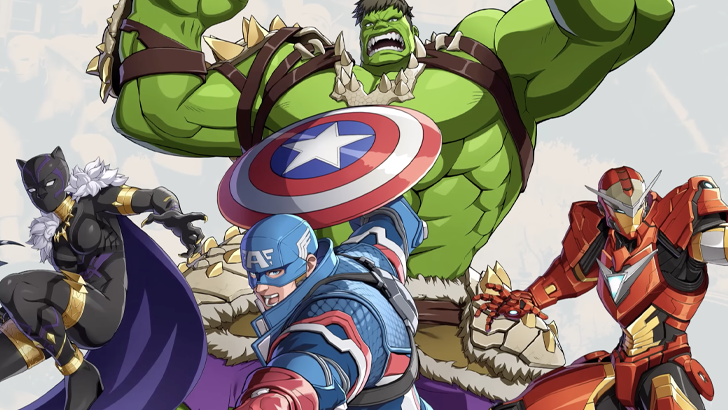 The Fighting Avengers team ready to strike with Shuri to the left, Captain America in the middle, Iron Man to the right, and Hulk in the back