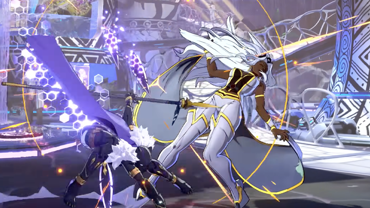 Black Panther crouching and Storm leaning back after getting hit