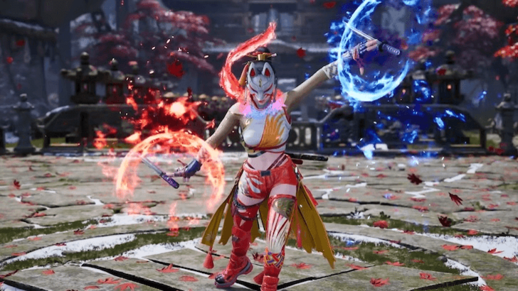 Kunimitsu in combat stance wielding blades