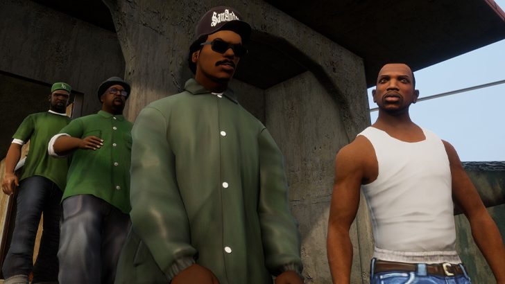 CJ in white shirt with Grove Street Families in green clothes
