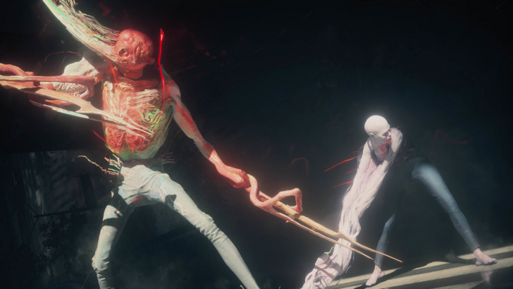 Control Resonant Two twisted humanoid enemies emerge in a dark street