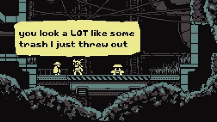 Characters on a platform with a speech bubble