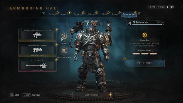 Warhammer 40,000: Space Marine 2 Armouring Hall screen with the Techmarine class wearing the Iron Hands armor