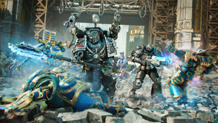 Warhammer 40,000: Space Marine An Iron Hands squad fighting Thousand Sons Chaos Space Marines