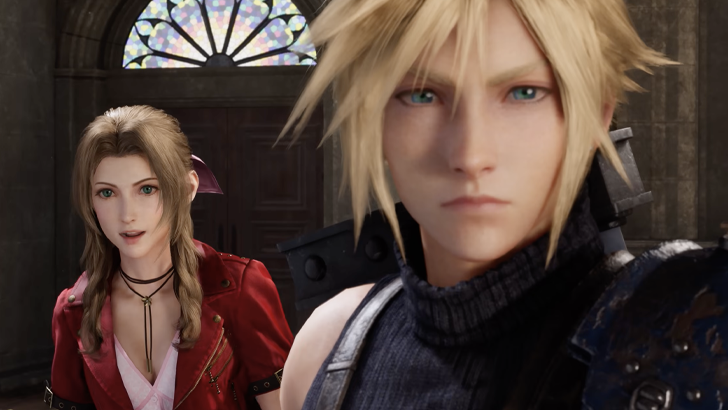 Aerith Gainsborough standing behind Cloud Strife