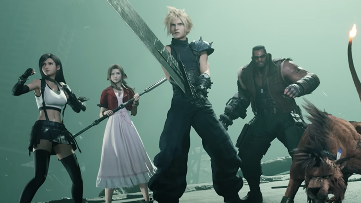 Tifa Lockhart, Aerith Gainsborough, Cloud Strife, Barret Wallace and dog standing in a row in fighting stance