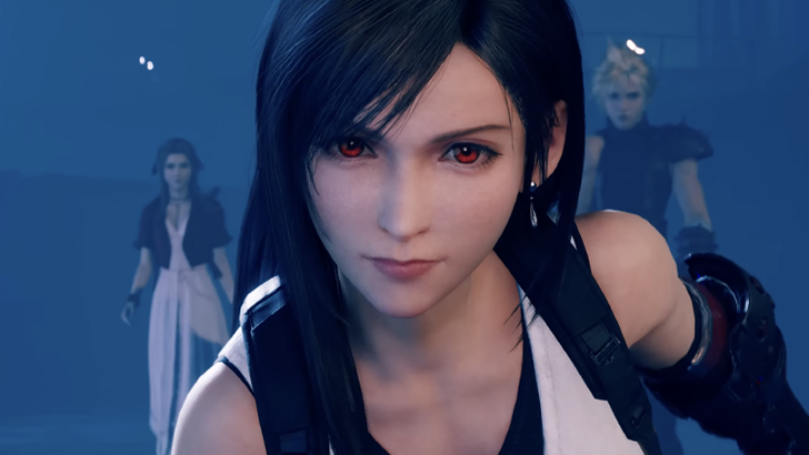 Tifa Lockhart close up with Aerith Gainsborough and Cloud Strife in the background
