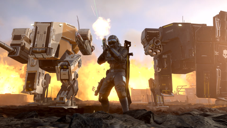Helldivers 2 A Helldiver standing his ground beside two Exosuits