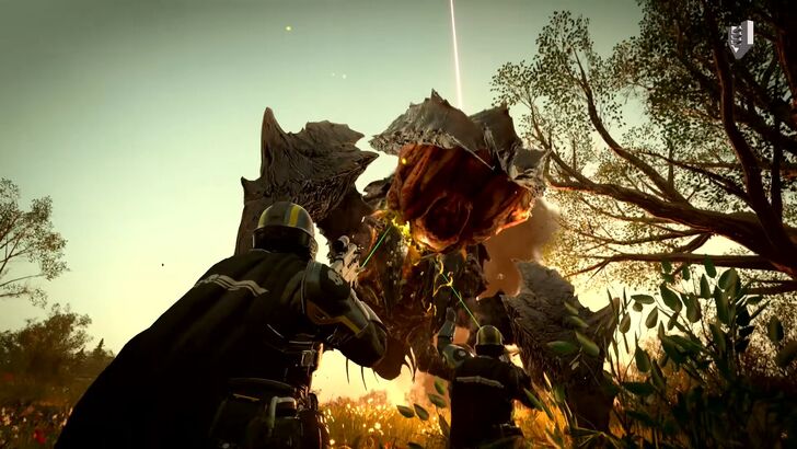 Helldivers 2 Two Helldivers confronting a Terminid