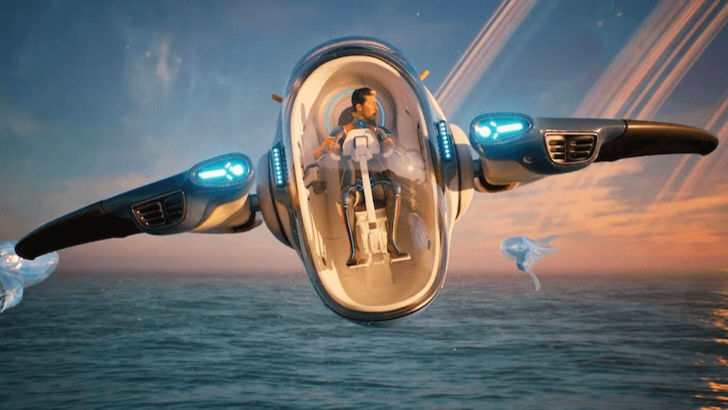 A pilot flying a compact futuristic vehicle above the ocean
