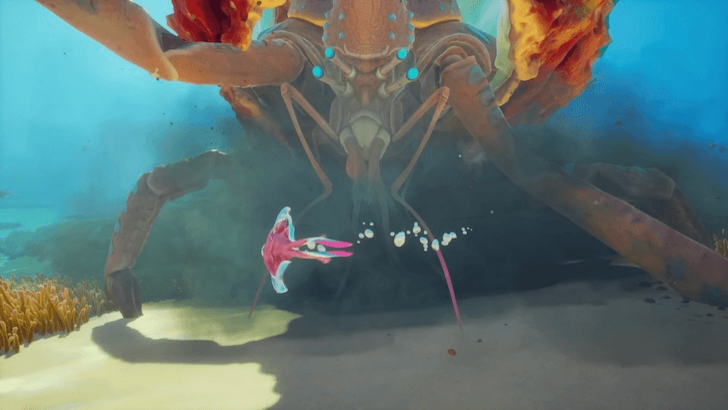 A giant crab-like sea creature confronting a small pink swimmer