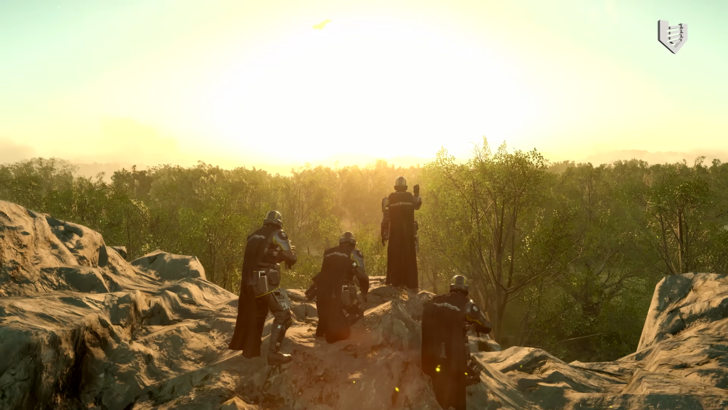 Helldivers 2 A squad of Helldivers looking towards the horizon